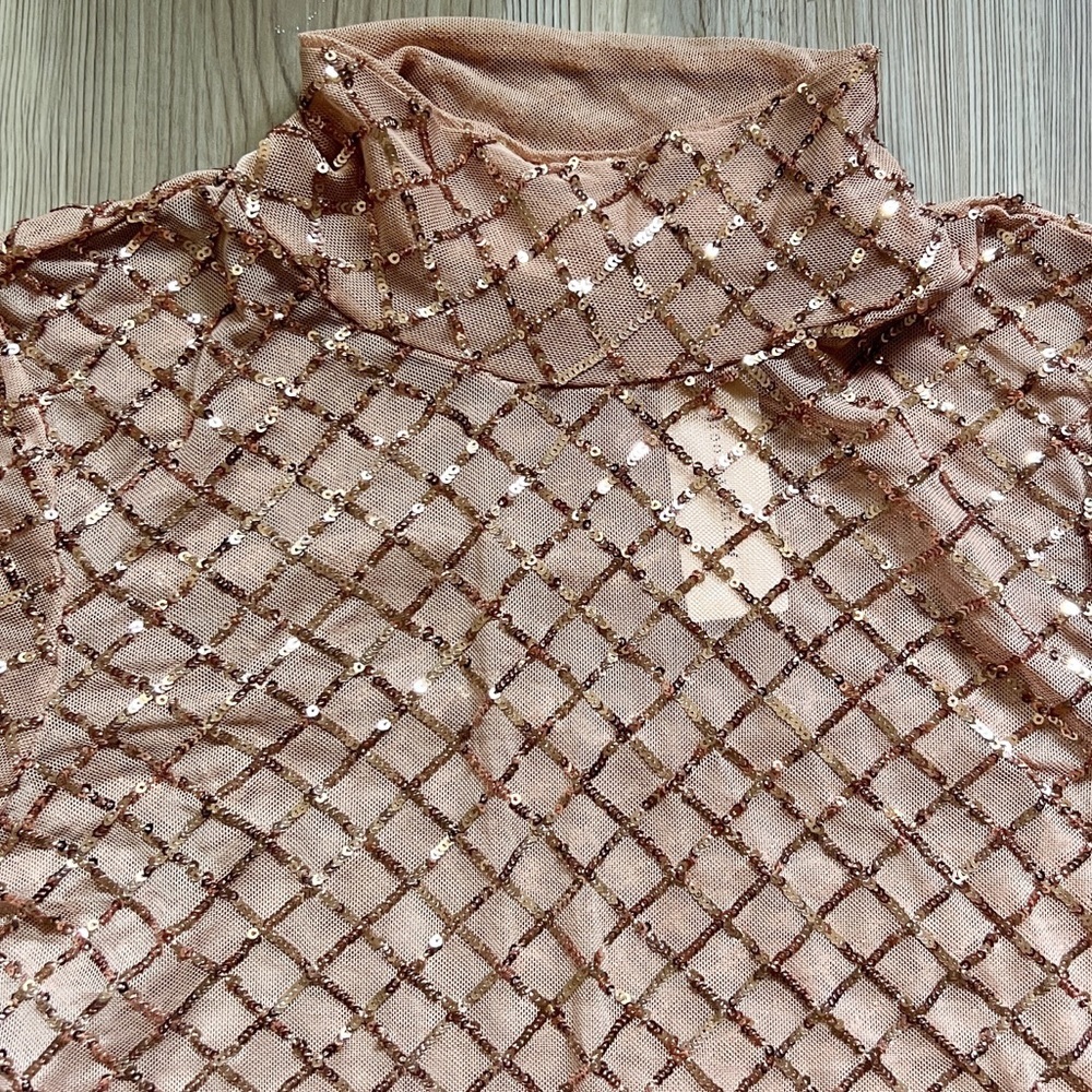 NWT Anthropologie Pilcro Sheer Turtleneck Sequin Long Sleeve Top Light Sand - Picture 8 of 12